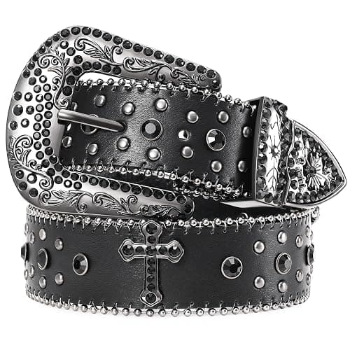 JASGOOD Rhinestone Studded Belt for Men Women, Western Leather Belt for Cowgirl Cowboy Vintage Bling Belt for Pants Dress - Image 1