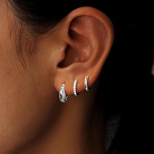 Poxtex Small Sterling Silver Huggie Hoop Earrings Set for Women, Hypoallergenic 14K Gold Plated Hoops Stacks for Multiple Piercings, Dainty Cute Mini Lightweight Cartilage Studs Trendy Jewelry Gift - Image 1