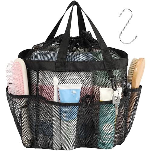 F-color Mesh Shower Caddy Portable with Drawstring, S Hook - 8 Deeper Pockets 2 Handles College Dorm Room Essentials for Girls Guys, Shower Bag Hanging for Camping Gym Travel Toiletry Bathroom, Black - Image 1