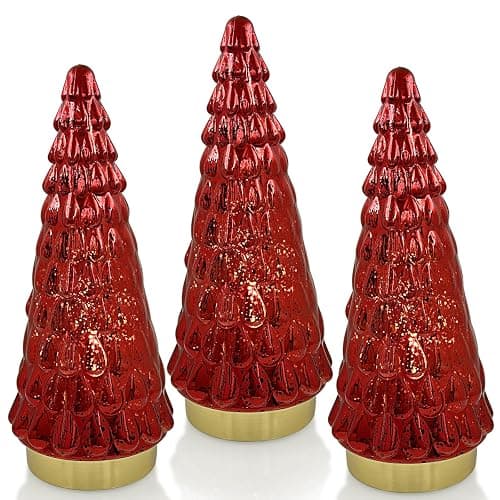 Red Glass Christmas Tree 3pcs, Small Tabletop Mercury Christmas Tree with Light, Battery Operated Xmas Tree for Fireplace Bathroom Decor 10" - Image 1