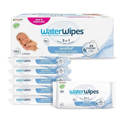 WaterWipes Sensitive+ Newborn & Baby Wipes, 360 unités (6 paquets), 3-en-1 nettoie, soigne, protège, 99,9% d'eau, non parfumées - Image 1