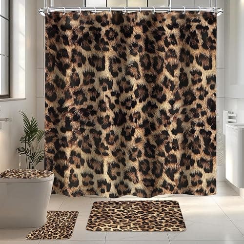 LIGHTINHOME 4 PCS Leopard Print Shower Curtain Set 72Wx72H,Toilet Lid Cover,Non-Slip Rugs and U-Shaped Mat,Wild Safari Cheetah Bathroom Sets with Rugs Shower Accessories 12 Hooks for Bathroom Decor - Image 1