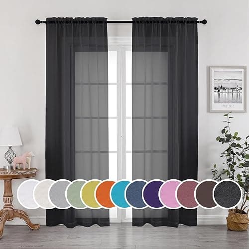 OWENIE Black Sheer Curtains, Sheer Curtains 84 inch Length 2 Panels Set, Rod Pocket Voile Fimly Sheer Drapes for Living Room/Bedroom, 2pcs, Each 42" W x 84" L, Black - Image 1