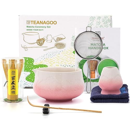 TEANAGOO 7 Pcs Matcha Set, Pink Matcha Kit, Ceremony Matcha Powder Kit,Matcha Tea Set for Making Latte,Matcha Whisk and Bowl with Scoop&Sifter,Fuji Design Ceramic Bowl,Gift for Matcha Lovers - Image 1
