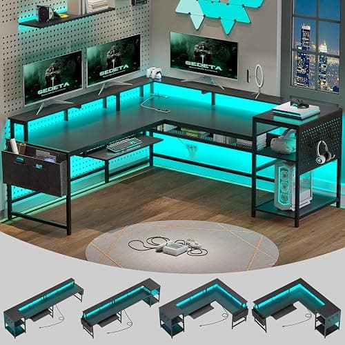 SEDETA L Shaped Gaming Desk, Reversible Computer Desk, Gaming Desk with Power Outlets & LED Strip, Monitor Shelf, Keyboard Tray, Pegboard and Storage Shelves for Home Office, Black - Image 1