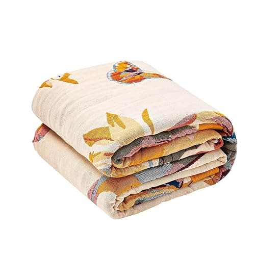 XIBLC Boho Throw Blanket, 100% Cotton Ultra Soft Luxury Throw Rustic Quilt, 60"x80" Floral Bird Butterfly Farmhouse Decor Bed Blankets, All Season Rustic Reversible Bohemian Throw for Bed - Yellow - Image 1
