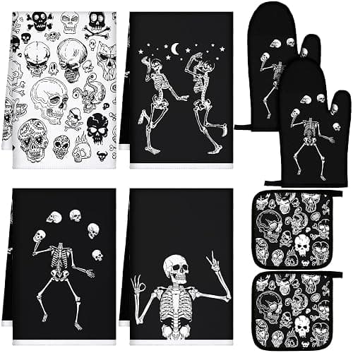 Leinuosen 6 Pcs Skull Kitchen Decor Set, Skull Kitchen Towels Gothic Oven Mitts and Pot Holders Sets Skeleton Hand Dish Towels Horror Oven Mitts for Home Decor Party Gifts(Black and White,Classic) - Image 1