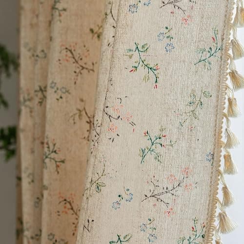 ENJOYBRIDAL Floral Farmhouse Curtains 96 Inches Long Semi-Blackout Living Room Drapes Cotton Linen Blend Bohemian Window Curtain Panels with Tassel Beige Rod Pocket Bedroom Drapes, 2 Panel - Image 1