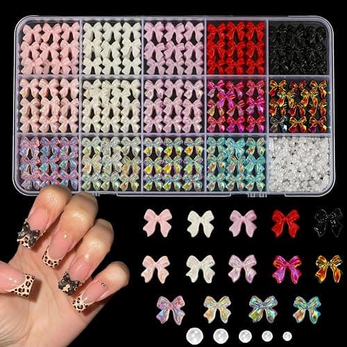 ZUMILLMN Bow Nail Charms, 6-Color 3D Nail Charms Bulk and Half Pearls for Nail Art Charms and Y2K Charms for Nails Design for Women Girl DIY Jewelry Cellphone Crafts - Image 1