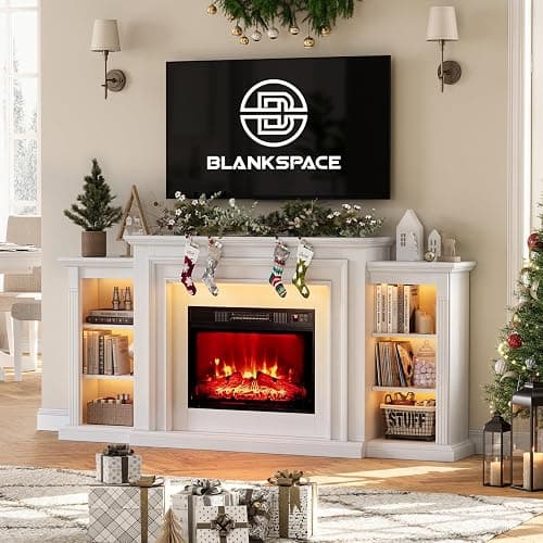 72" Electric Fireplace with Mantel,White TV Stand with Fireplace,Modern Entertainment Center with LED Lights for Bedroom Living Room - 72 inch - White - Image 1