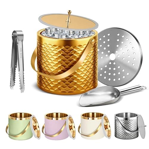 Ice Bucket, Ice Bucket with Silicone Sealing Ring Double-Wall Vacuum Insulation Champagne Buckets with Filter Layer Ice Tongs Ice Scoop (Scaled Gold, 3 L) - Image 1