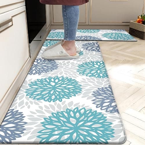 Teal Kitchen Mats Set of 2 Cushioned Anti Fatigue Kitchen Rugs Non Slip Waterproof Runner Memory Foam Kitchen Floor Mat Comfort Standing Mat for Sink,Office,Laundry - Teal Blue - 17.3"x28"+17.3"x47"--0.4"Th - Image 1