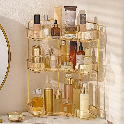 Aveniee Corner Bathroom Counter Organizer, Bathroom Countertop Shelf Makeup Organizer for Vanity Perfume Tray for Corner Storage (3 Tiers, Gold) - Image 1