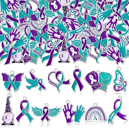 Kenning 120 Pcs Suicide Prevention Awareness Charms Bulk Teal and Purple Ribbon Charms Suicide Awareness Items Sexual Assault Pendant for Jewelry Making DIY Necklace Bracelet Earring Crafts - Image 1