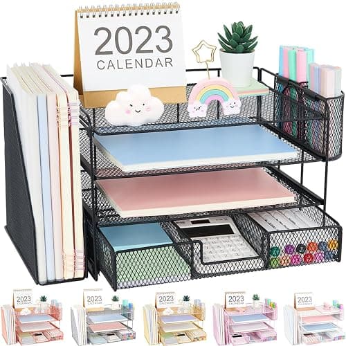 OPNICE Desk Organizers and Accessories, Desk Accessories & Workspace Organizers for Office Supplies, File Organizer Desk Drawer Organizer with 2 Pen Holders, 4 Tier Paper Organizer for Desk(Black) - Black - Image 1