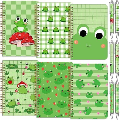 Resurhang 6 Pack A5 Frog Spiral Notebooks Preppy Journal Cute Aesthetic Hardcover Ruled Notebooks with Ballpoint Pens for Office School Day Classroom Prize Supplies, 5.5 x 8.3 Inch - Image 1