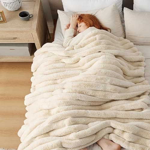Bedsure Faux Fur Throw Blanket - GentleSoft & Fluffy, Fuzzy Luxury Christmas Blanket for Couch, Sofa and Bed, 750GSM Thick and Warm for Winter, Striped Decorative Gift for Women, Beige, 50x70 Inches - Image 1