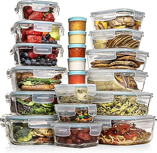 Razab 35 Pc Set Glass Food Storage Containers with Lids - Meal Prep Airtight Bento Boxes BPA-Free 100% Leak Proof (15 lids,15 glass & 5 Plastic Sauce/Dip Containers) - Image 1