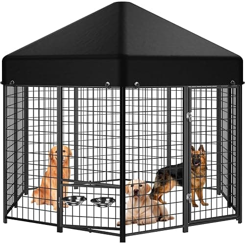 Sino Luban Outdoor Dog Kennel Outside Run with Doggy Door, Swivel Feeder&Roof - 7x7x6.4FT Large Dog Kennels Pens Outside for Large/Multiple Dogs - Heavy Duty Cage(Can Connect to Your Dog House) - Image 1