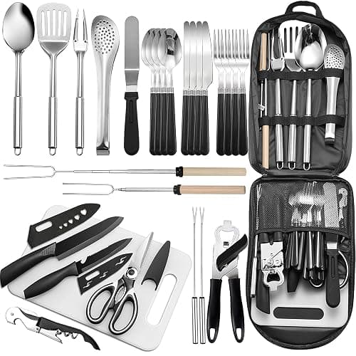 Portable Camping Kitchen Utensil Set-27 Piece Cookware Kit, Stainless Steel Outdoor Cooking and Grilling Utensil Organizer Travel Set Perfect for Travel, Picnics, RVs, Camping, BBQs, Parties and More - Image 1