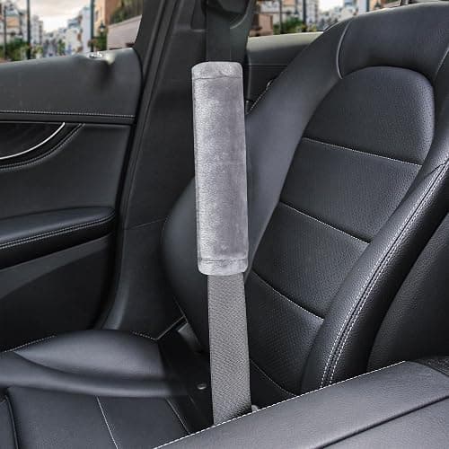 Amooca Soft Faux Fur Universal Fit Seatbelt Cover Car Truck SUV Airplane Seat Belt Shoulder Pad for Carmera Backpack Straps Neck Cushion Protector 2 Pack 10.5in Light Silver Grey - Image 1