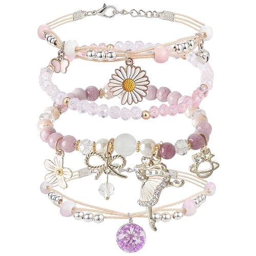 DS 4PCS Beaded Charm Bracelets for Teen Girls Dainty cute cartoon Crystal Beads Pearl Bracelets anklets set for woman and girls Adjustable Stretch bracelet birthday Gift For Friends - Image 1