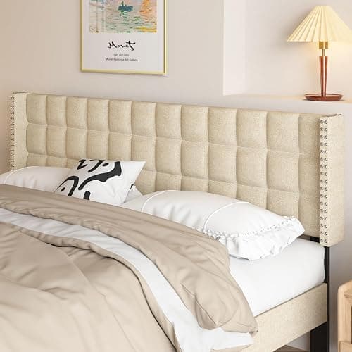 VECELO Headboard Queen Size, Linen Upholstered Headboards Only with Nailhead Trim Wingback, Square Stitched Design, Adjustable Height from 40" to 49.8", Oatmeal - Image 1