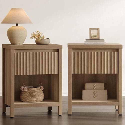 SICOTAS Fluted Night Stand Set of 2, Farmhouse Nightstands with Drawer, Boho Bedside Table with Storage Shelf, Large End Tables Bed Side Tables for Bedroom, Caramel Oak - Image 1