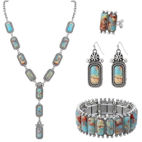 JMScape 4 PCS Western Turquoise Jewelry for Women Boho Vintage Navajo Pearl Necklace Earring Bracelet Ring Set Country Cowgirl Accessories for Gift | Jewelry, 4 PCS, Vintage, Boho, Country, Accessories, for Gift - Image 1