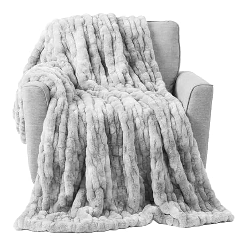Lavish Home Oversized Ruched Blanket 60x80-Inch Jacquard Faux Fur Queen-Size Throw for Sofas Luxurious Bedding, Gray - Image 1