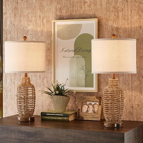 YIMNOVP Rattan Table Lamps Set of 2 Wicker Lamps 3 Way Dimmable Touch Control Farmhouse Rustic Coastal Lamps with USB Port for Bedroom Living Room Office (LED Bulbs Included) - Image 1