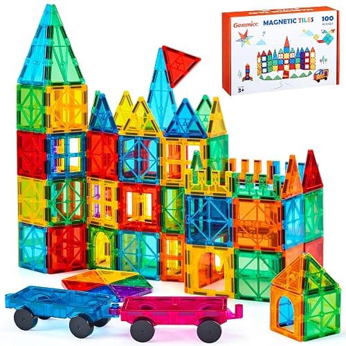 Gemmicc 100 PCS Magnetic Tiles with 2 Cars, STEM Approved Educational Magnet BuildingToys, Magnet Puzzles Stacking Blocks for Boys Girls - Image 1