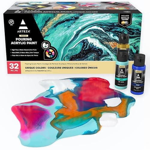 ARTEZA Acrylic Pouring Paint Set of 32, 2 ounce Bottles, Assorted Colors, High Flow Paint, Art Supplies for Pouring on Canvas, Glass, Paper, Wood - Image 1