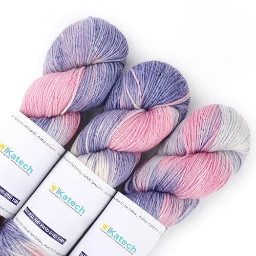 Katech Wool Yarn for Crocheting- 3 Pack 10.58oz/300g Cashmere Yarn- 52% Wool, 10% Cashmere, 38% Polyester, DK Weight Yarns #3-885 Yards Hand Dyed Yarns for Knitting Socks Sweater Shawl-Purple Pink - Image 1