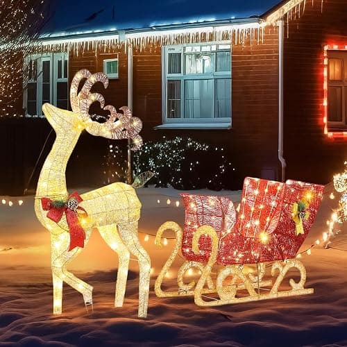 mollie 5ft Lighted Reindeer & Santa’s Sleigh Christmas Decoration Set w/ 180 Warm Lights, Outdoor Holiday Festive Holiday Décor for Yard Lawn, Gold - Gold Reindeer & Sleigh - Image 1