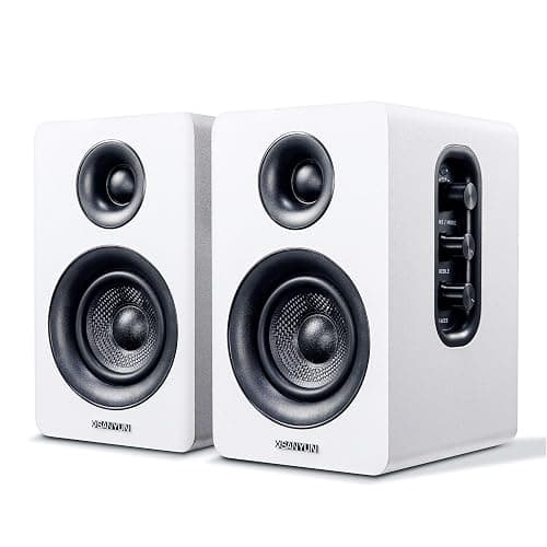 Sanyun SW208 3" Active Bluetooth 5.0 Bookshelf Speakers – 60W Carbon Fiber Speaker Unit - Built-in 24bit DAC Dynamic 3D Surround Sound 2.0 Computer PC Monitor Gaming (Pair, White) - Image 1