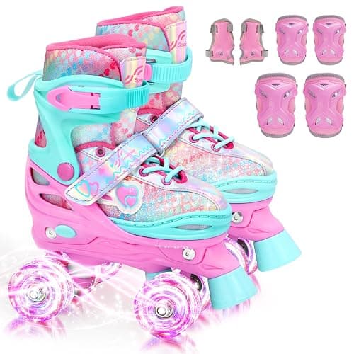 Sportneer Kids Roller Skates: 4 Size Adjustable Quad Skates with Light Up Wheels for 5-8, 8-12 Girls Boys Kids Toddlers Beginners, Birthday Gift with Protective Gear Set for Outdoor Indoor - Image 1