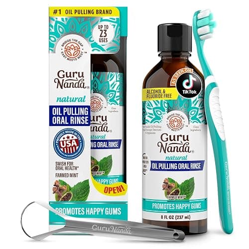 GuruNanda CocoMint Oil Pulling Mouthwash for Complete Oral Hygiene, 7 Essential Oils & Vitamins for Happy Teeth & Gums & Fresh Breath, with Toothbrush & Tongue Scraper, Alcohol-Free, 8 oz - Image 1