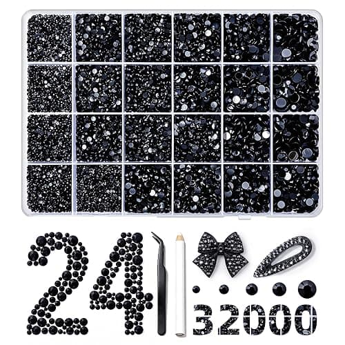 Denovin 32000Pcs Black 2-6mm Resin Jelly Rhinestones for Bedazzling | Flatback Gems for Diamond Art, Bedazzler Kit with Tweezers and Pick-Up Pen, for Clothing Tumblers DIY Crafts - Image 1