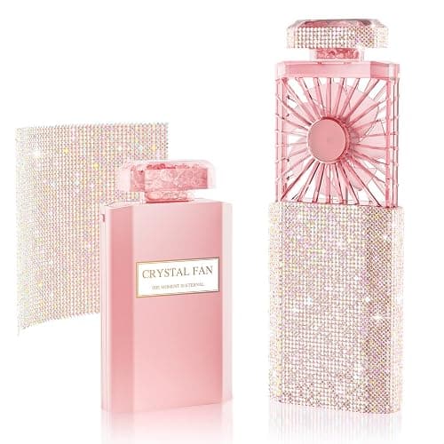 Bling Handheld Personal Fan, Rechargeable with 3 Speeds, Crystal Pull-out Portable Cooling Fan for Girls, Women - Pink Rhinestones - Image 1