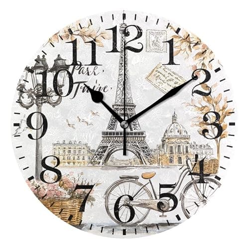 ALAZA Home Decor Paris Eiffel Tower France Flower Watercolor Round Acrylic 9.84 Inch Wall Clock Non Ticking Silent Clock Art for Living Room Kitchen Bedroom - Image 1