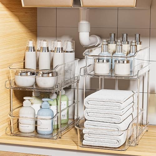 Delamu 2-Tier Under Sink Organizers and Storage, Multi-Purpose Stackable Bathroom Cabinet organizers, Pull Out Kitchen Pantry Organization and Storage with Dividers(2 Pack, Clear) - Image 1