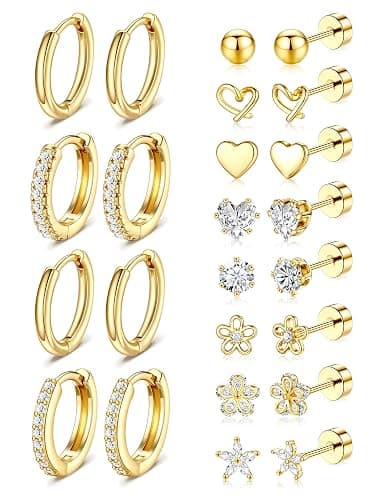 Hypoallergenic Gold Stud Earrings for Women - 14k Gold Plated Surgical Stainless Steel Flat back Earrings Set Small Huggie Hoop Flatback Earring for Sensitive Ears Screw Back Cartilage Piercing Jewelry - Image 1