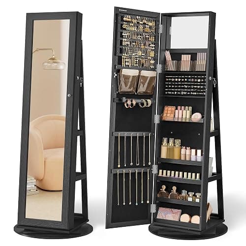 SONGMICS 360° Swivel Jewelry Cabinet, Lockable Jewelry Organizer with Full-Length Mirror, Black UJJC006B01 - Image 1
