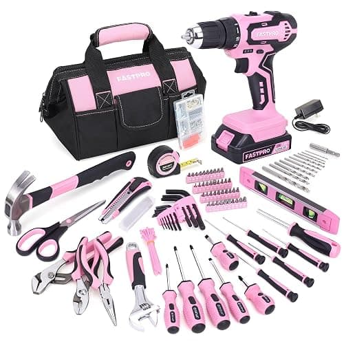 FASTPRO 232-Piece 20V Pink Cordless Lithium-ion Drill Driver and Home Tool Set, Lady's Repairing Kit with 12-Inch Wide Mouth Open Storage Bag - Image 1