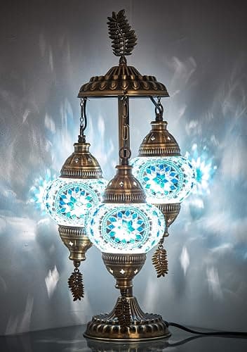 DEMMEX 3-Globe Turkish Moroccan Mosaic Table Lamp, 21" Handmade Bedside Night Light with Colorful Mosaic Glass Globes & Antique Brass Finish Metal Base (SkyBlue&White) - Image 1