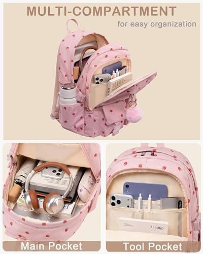 Hidds School Backpack for Teens Girls Women 15.6 Inch Laptop College Backpacks Corduroy Work Bag Kids Elementary Middle High Campus Bookbag Students Anti Theft Travel Daypack Womens - Pink Strawberry - Image 1