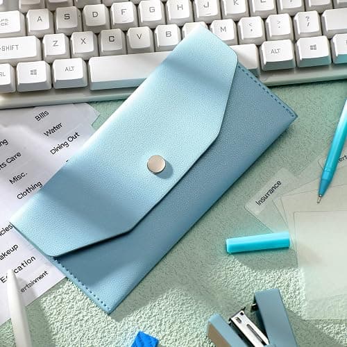 Frienda Cash Envelope Wallet PU Leather 7 x 3.5 Inch Reusable Budget Money Pouch Envelope Organizer 8 Cash Dividers 2 Sheets Category Sticker Labels for Wallets Bill Planner(Blue,Classic) - Image 1