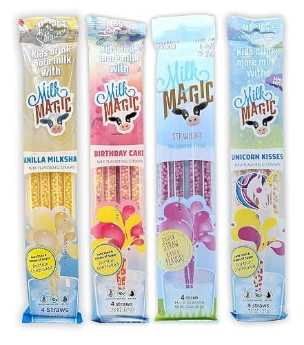 Milk Magic Milk Straws 4-Pack Bundle (16 count), Vanilla Milkshake, Birthday Cake, Strawberry, Unicorn Kisses Flavoring Cereal Straws - Image 1