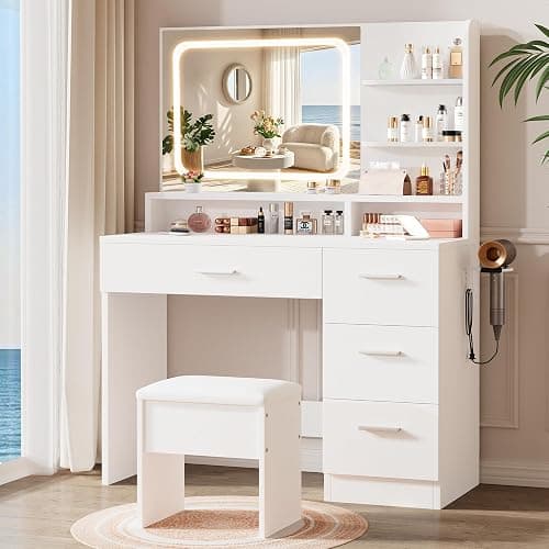 LIVELYGLOW Makeup Vanity Desk with Smart LED Mirror & Charging Station, 35.4" White Vanity Table Set with Cushioned Stool, 4 Drawers & Hairdryer Rack, Modern Bedroom Dressing Table-White - Image 1